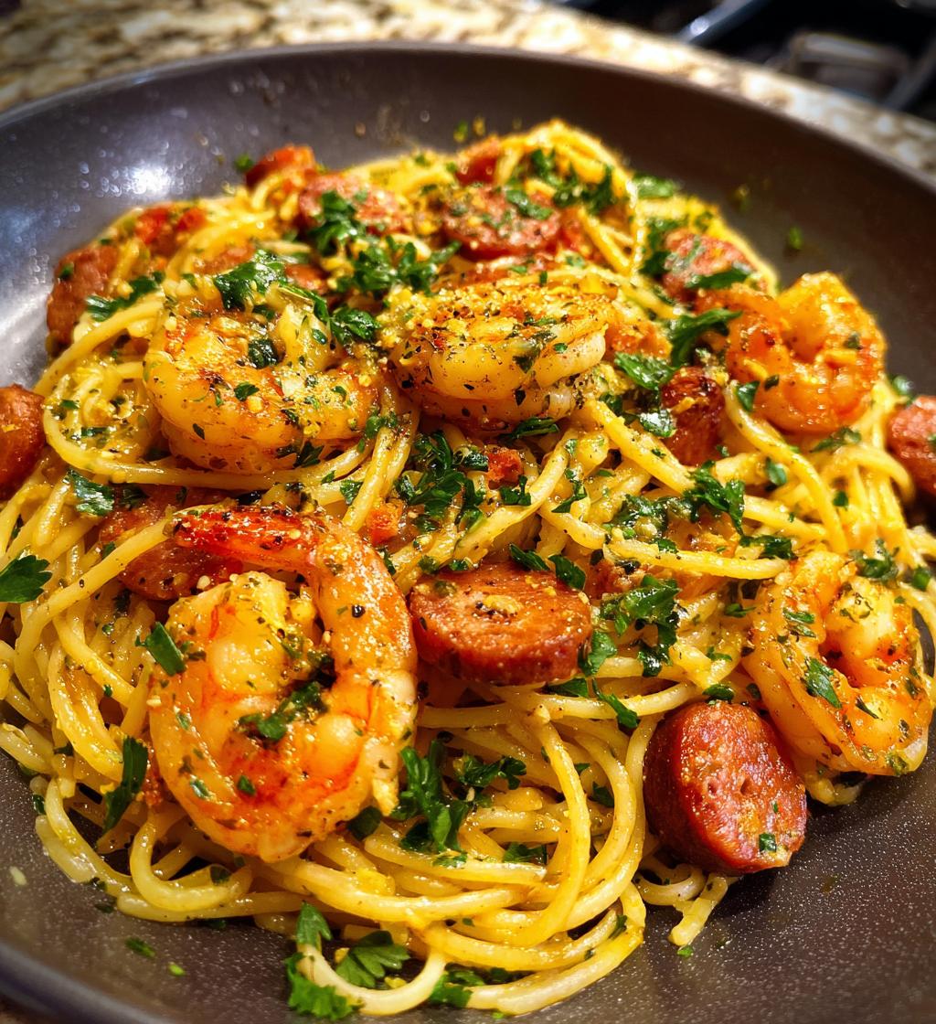 garlic butter shrimp and sausage skillet pasta