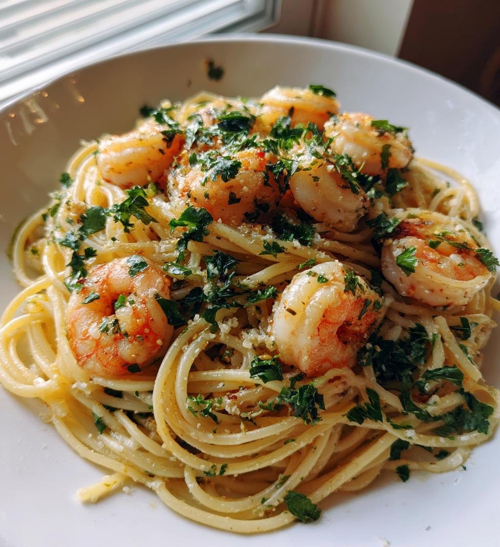 garlic butter shrimp pasta - detail 1