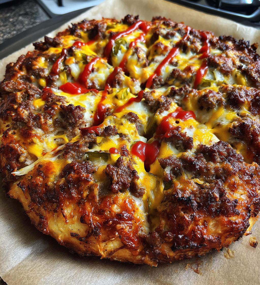 giant burger pizza with meat and cheese