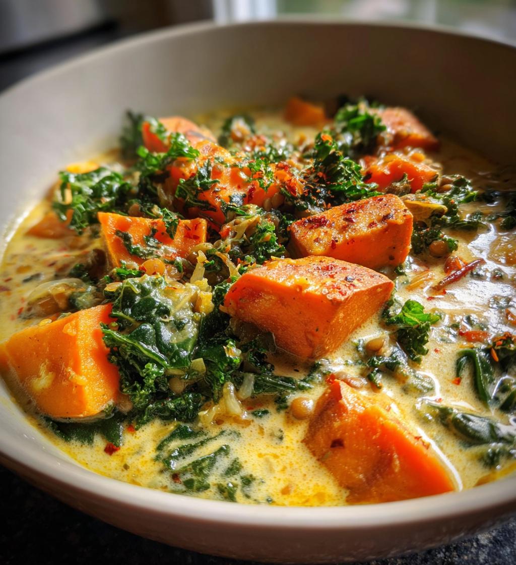 ginger sweet potato coconut milk stew with lentils kale - detail 1