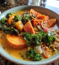 ginger sweet potato coconut milk stew with lentils kale