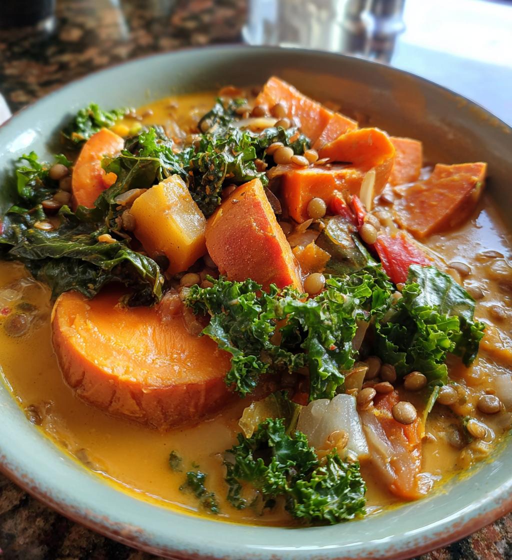 ginger sweet potato coconut milk stew with lentils kale