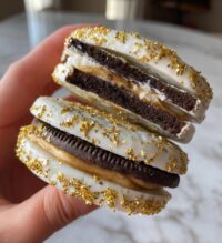 gold glitter dipped peanut butter oreos