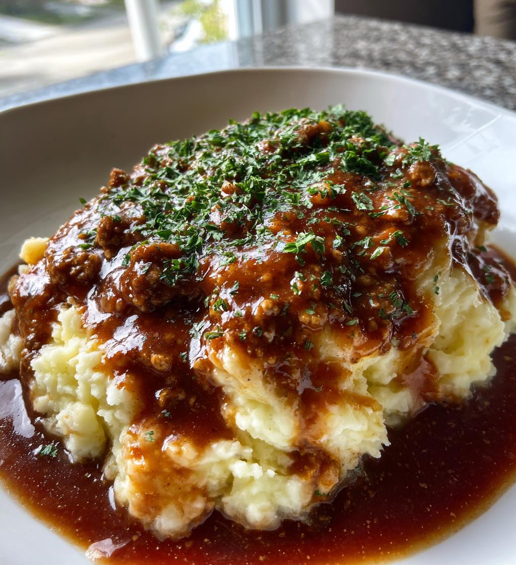 ground beef and gravy over fluffy mashed potatoes - detail 1