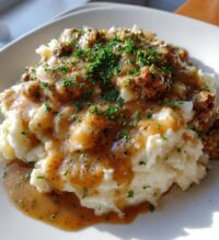 ground beef and gravy over fluffy mashed potatoes