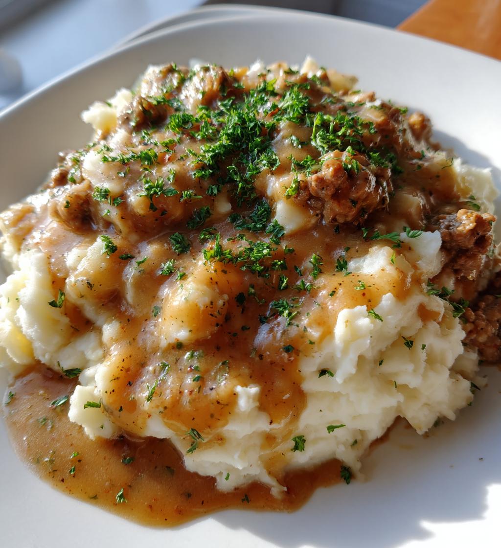 ground beef and gravy over fluffy mashed potatoes