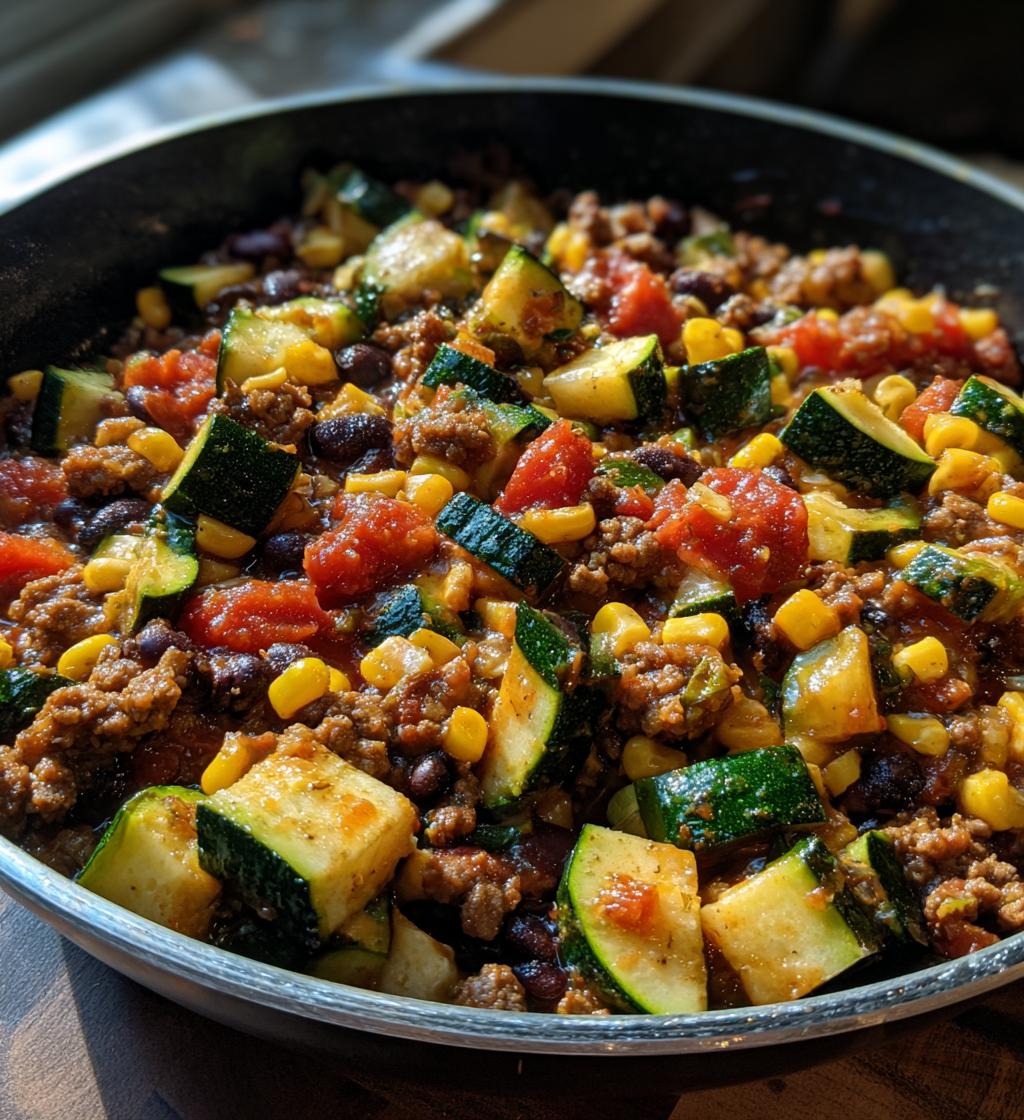 ground turkey skillet with zucchini corn black beans and tomato - detail 1
