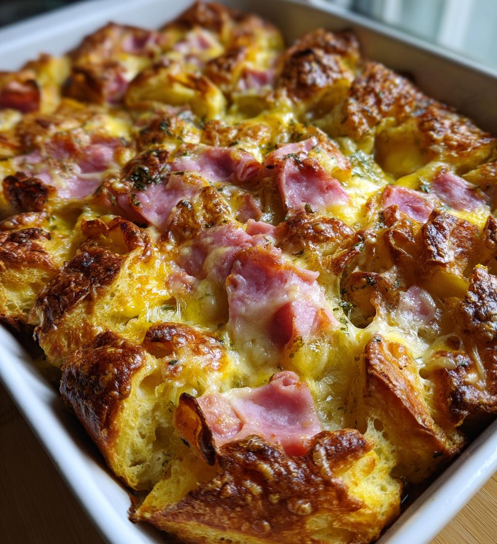 ham and cheese croissant breakfast casserole - detail 1
