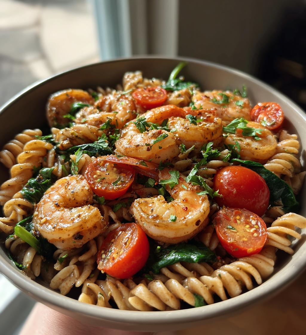 healthy shrimp protein pasta meal prep bowl recipe - detail 1