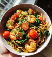 healthy shrimp protein pasta meal prep bowl recipe