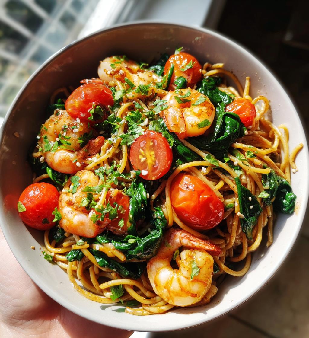 healthy shrimp protein pasta meal prep bowl recipe