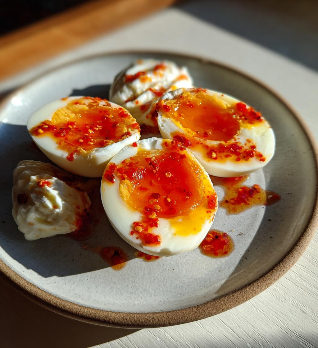 jammy eggs with chili butter and garlic yogurt