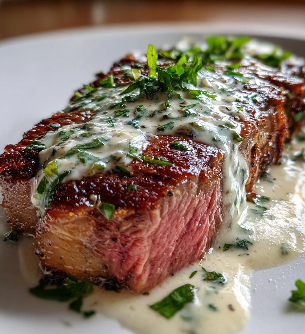 juicy steak with creamy garlic sauce