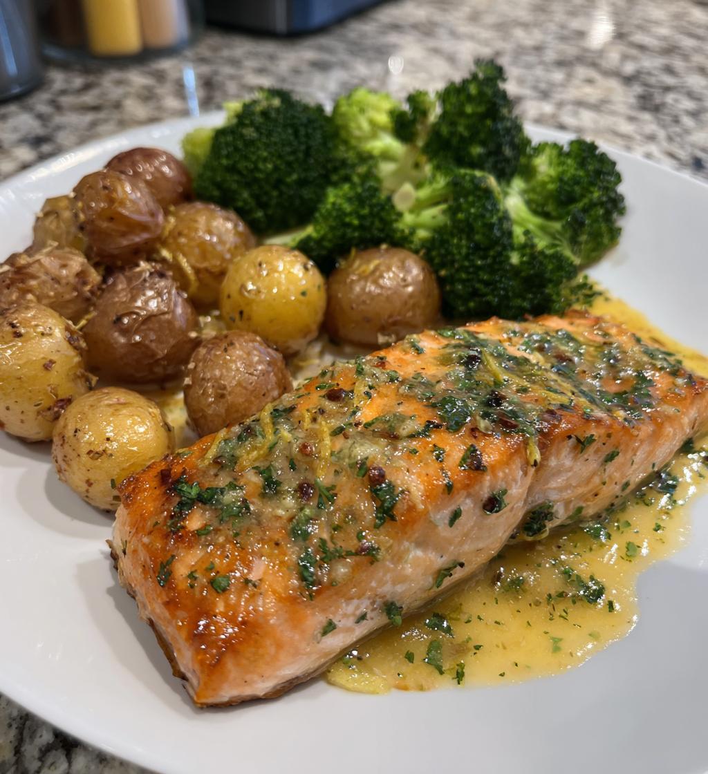 lemon butter salmon with crispy potatoes and broccoli - detail 1
