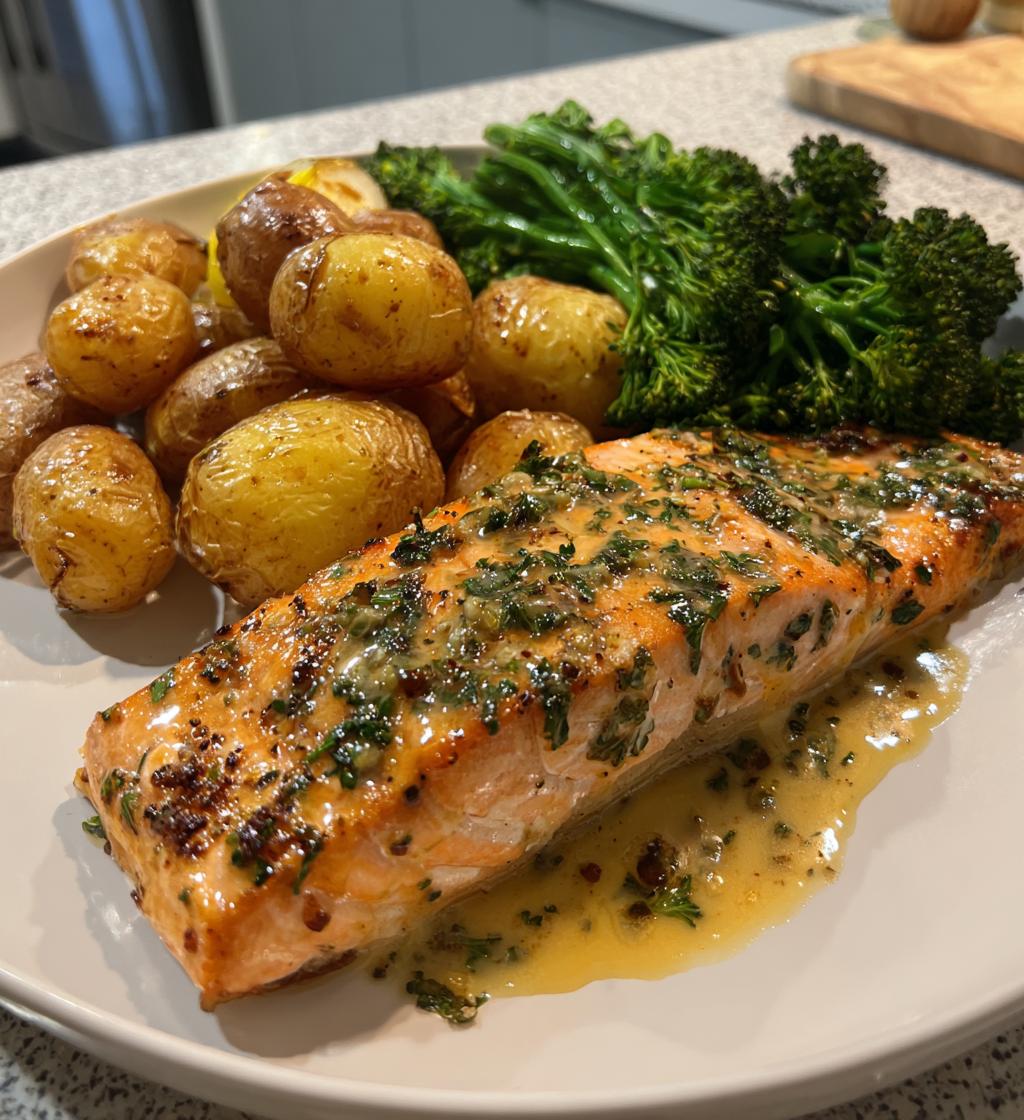 lemon butter salmon with crispy potatoes and broccoli