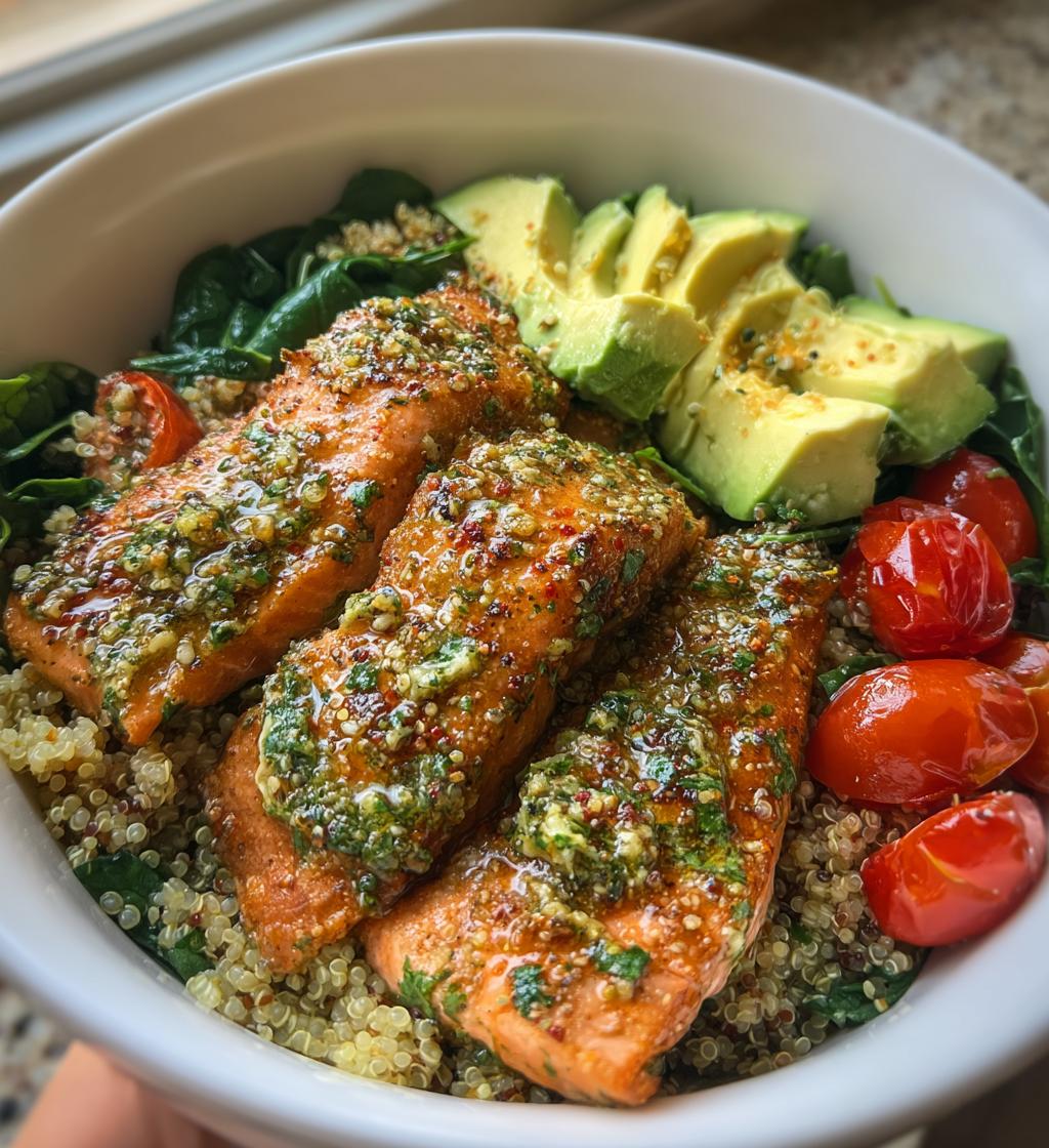 lemon herb salmon and avocado quinoa bowl - detail 1