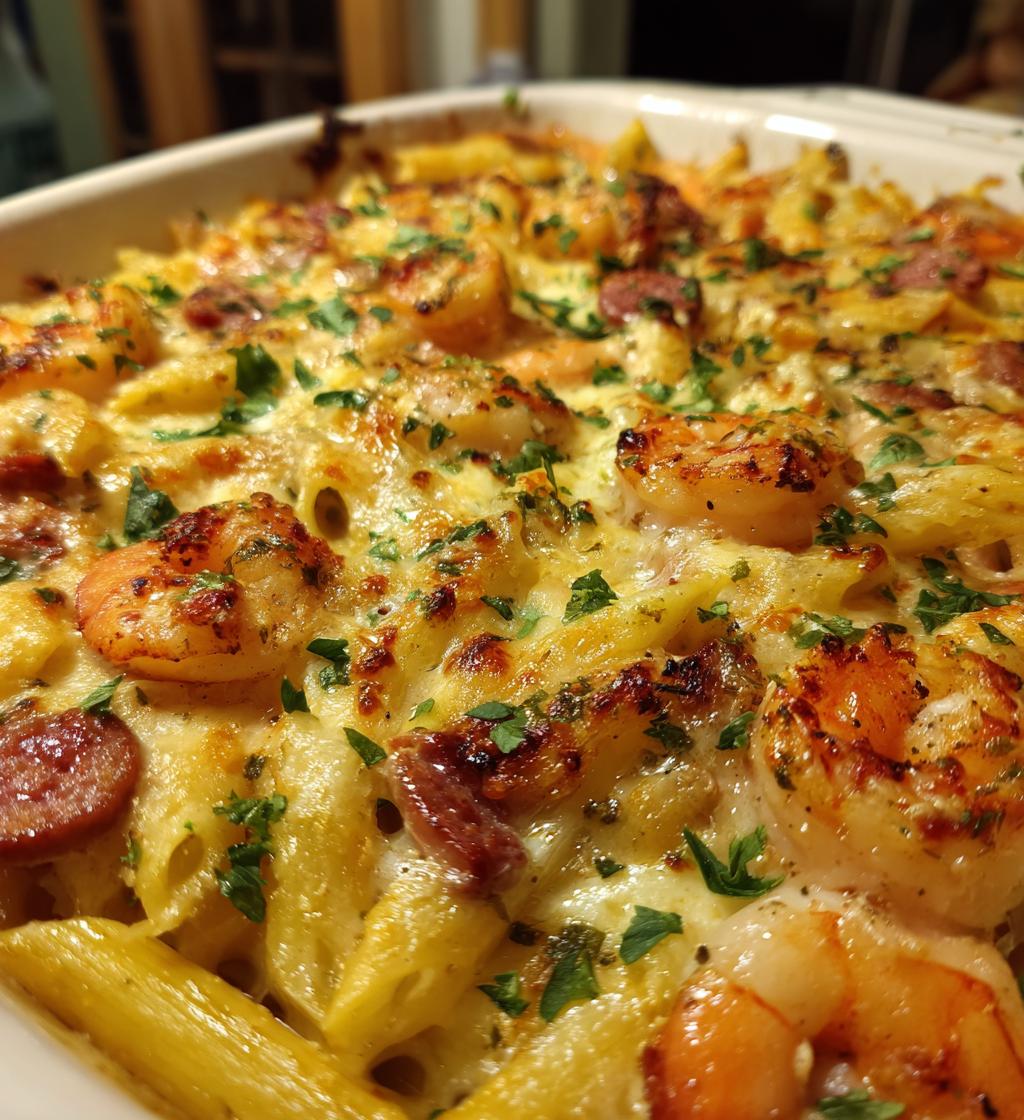 louisiana shrimp and sausage pasta bake - detail 1