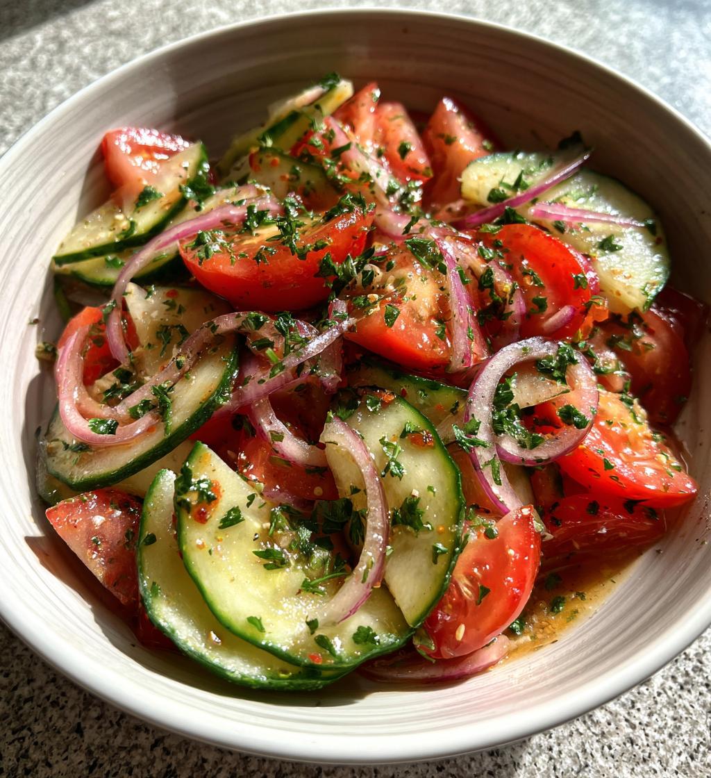 marinated cucumber tomato and onion salad - detail 1