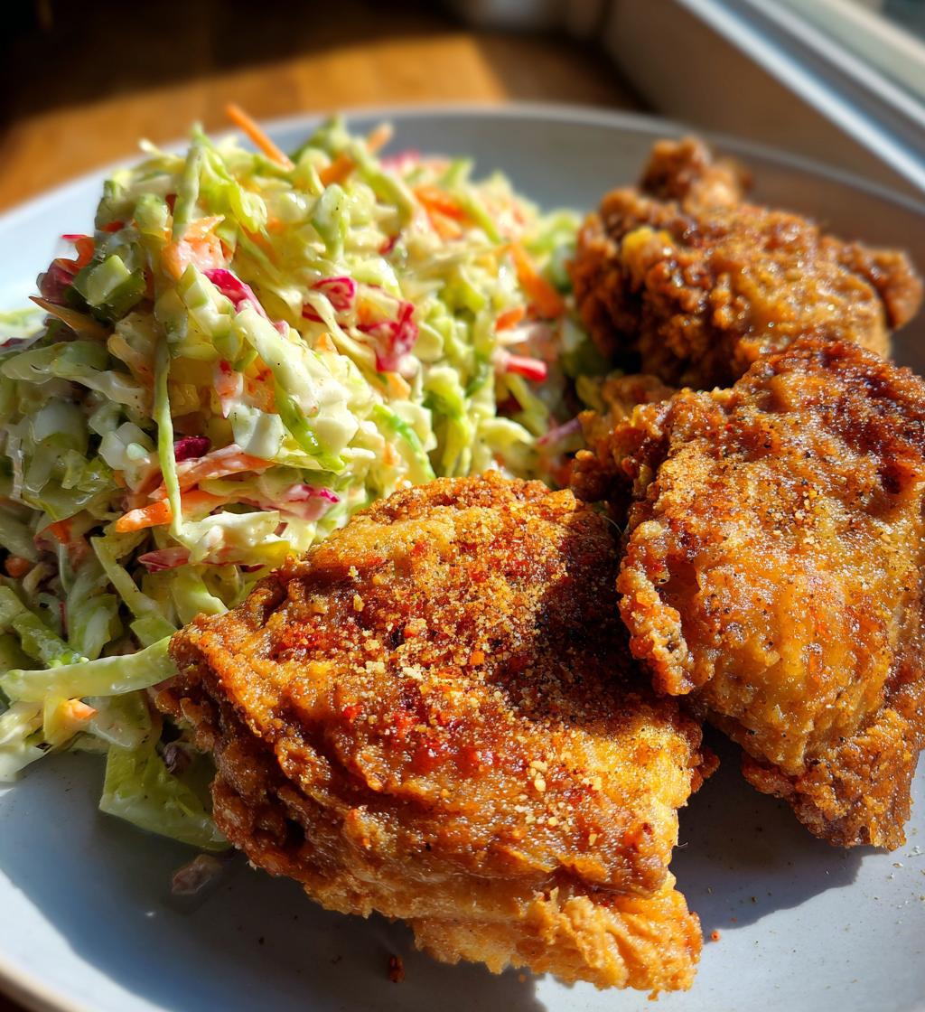 oven fried chicken with homemade coleslaw