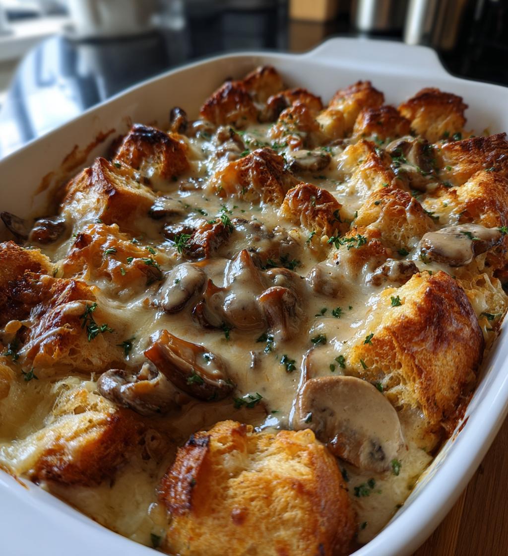 overnight croissant breakfast casserole bake with gravy - detail 1