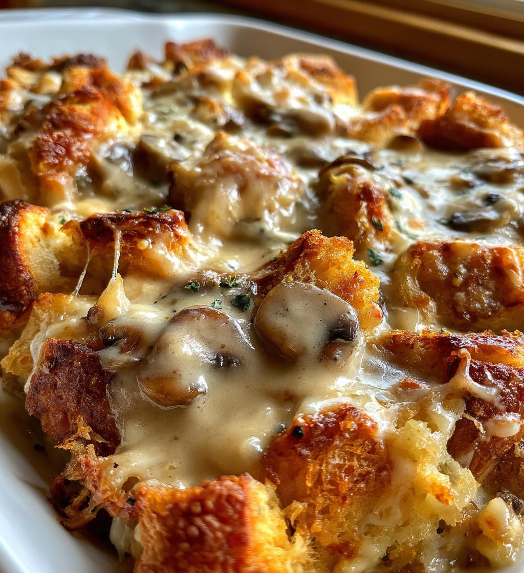 overnight croissant breakfast casserole bake with gravy