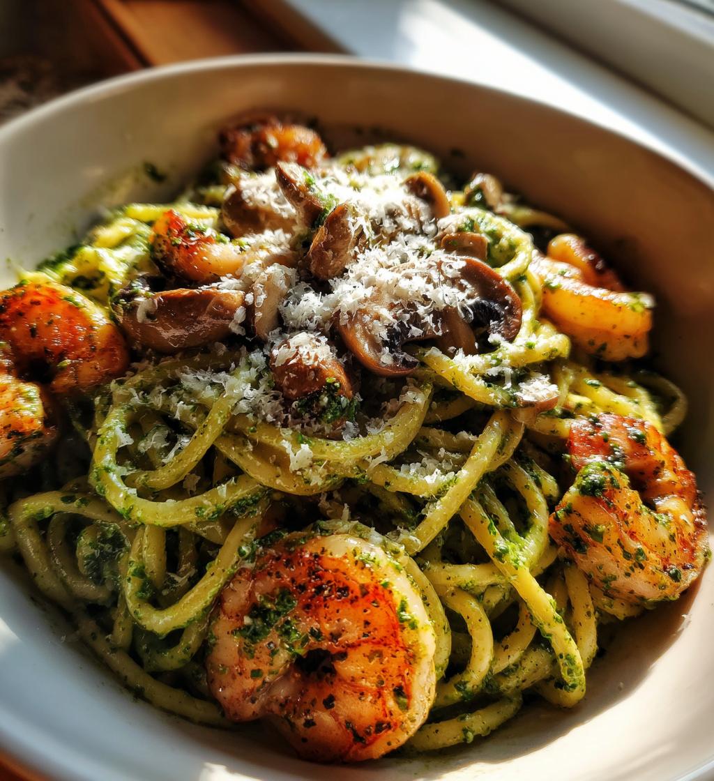 pesto shrimp mushroom pasta - detail 1