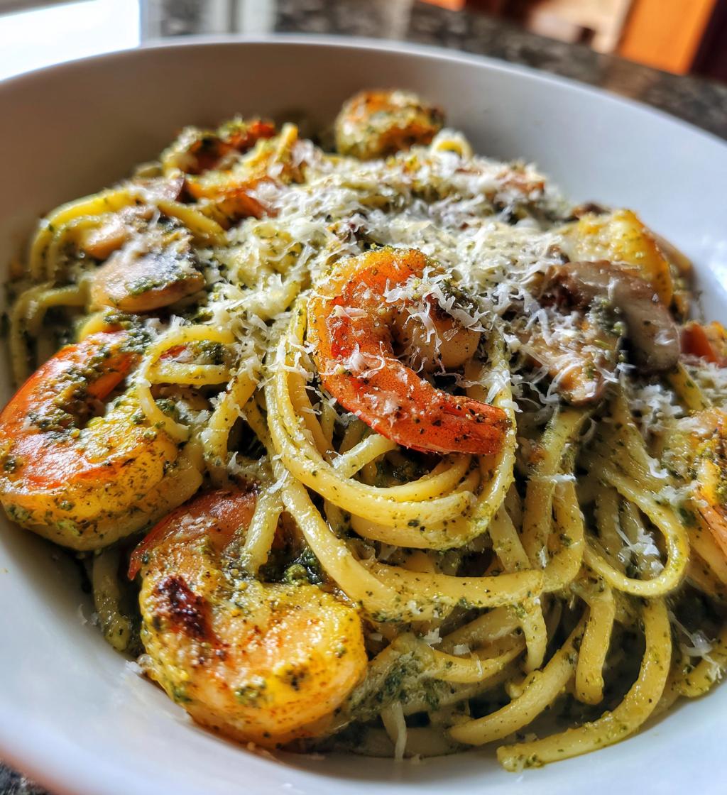 pesto shrimp mushroom pasta