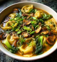 potsticker soup with mushrooms bok choy