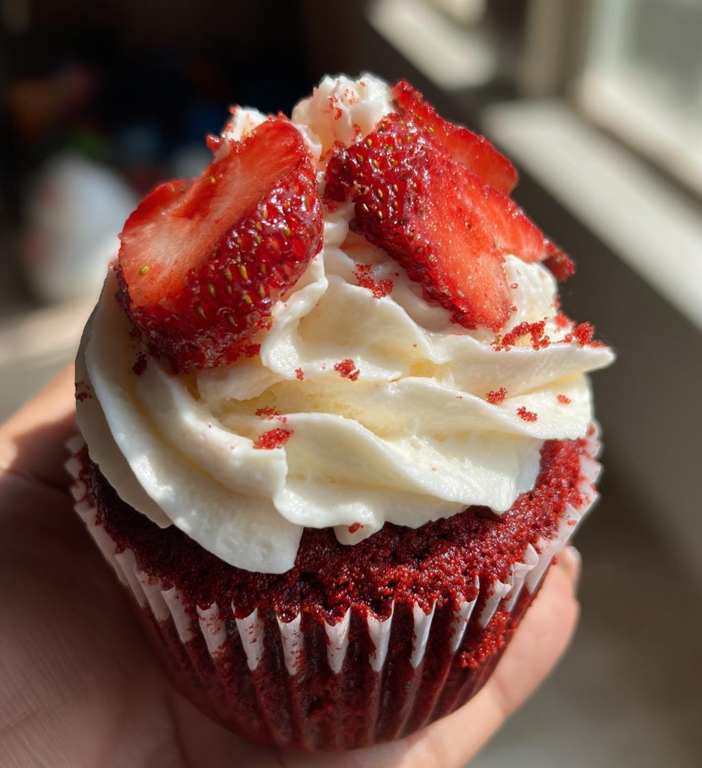 red velvet strawberry shortcake cupcakes