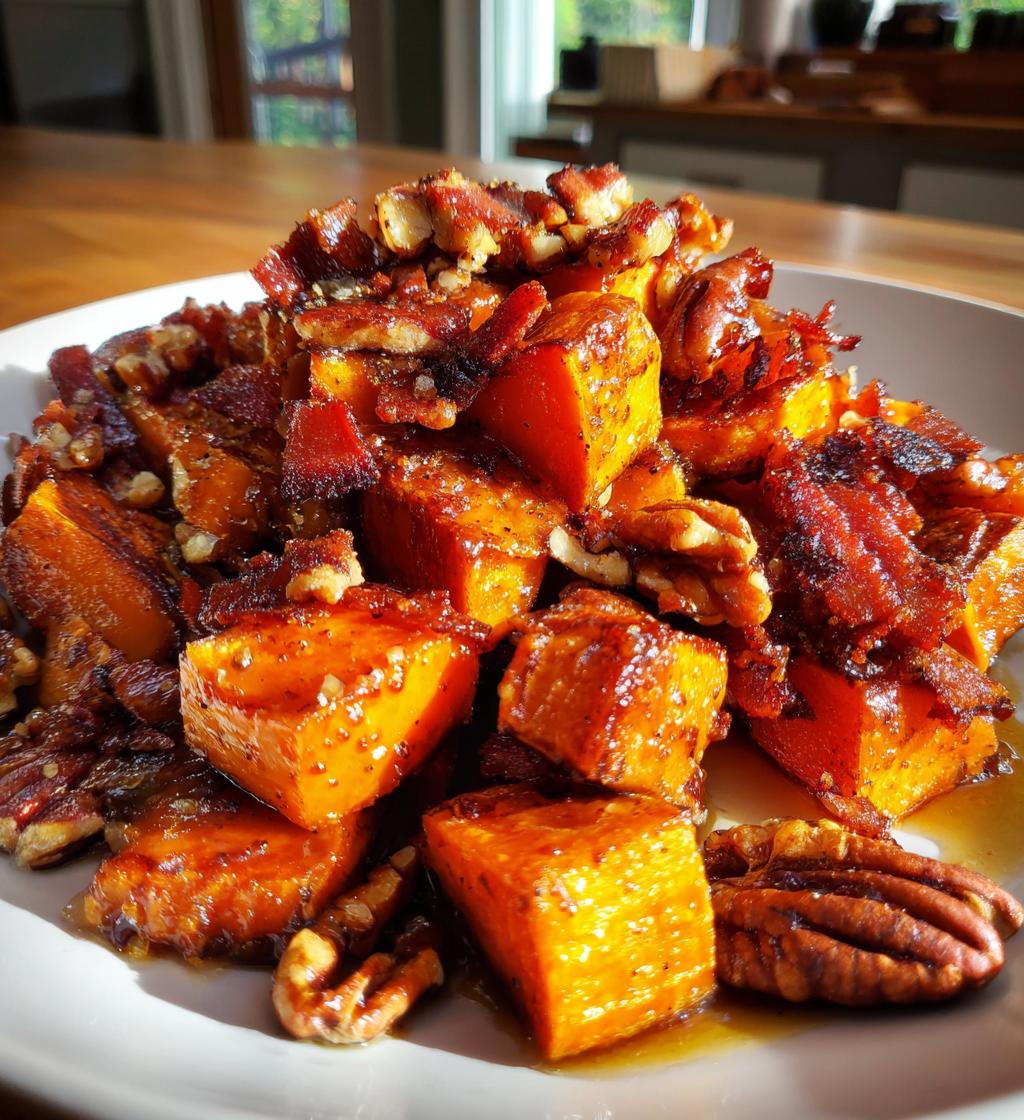 roasted sweet potatoes with candied bacon and pecans - detail 1