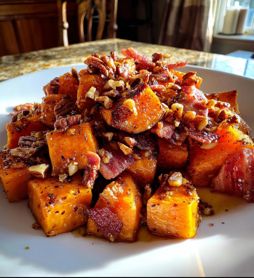 roasted sweet potatoes with candied bacon and pecans