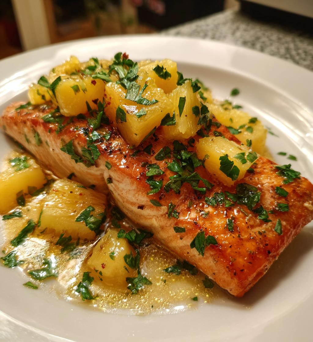 salmon foil packets with pineapple and lemon garlic butter sauce - detail 1