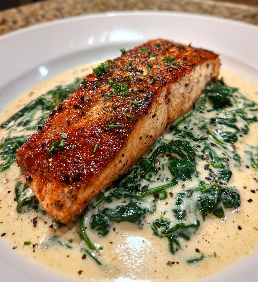 salmon with creamy spinach sauce - detail 1