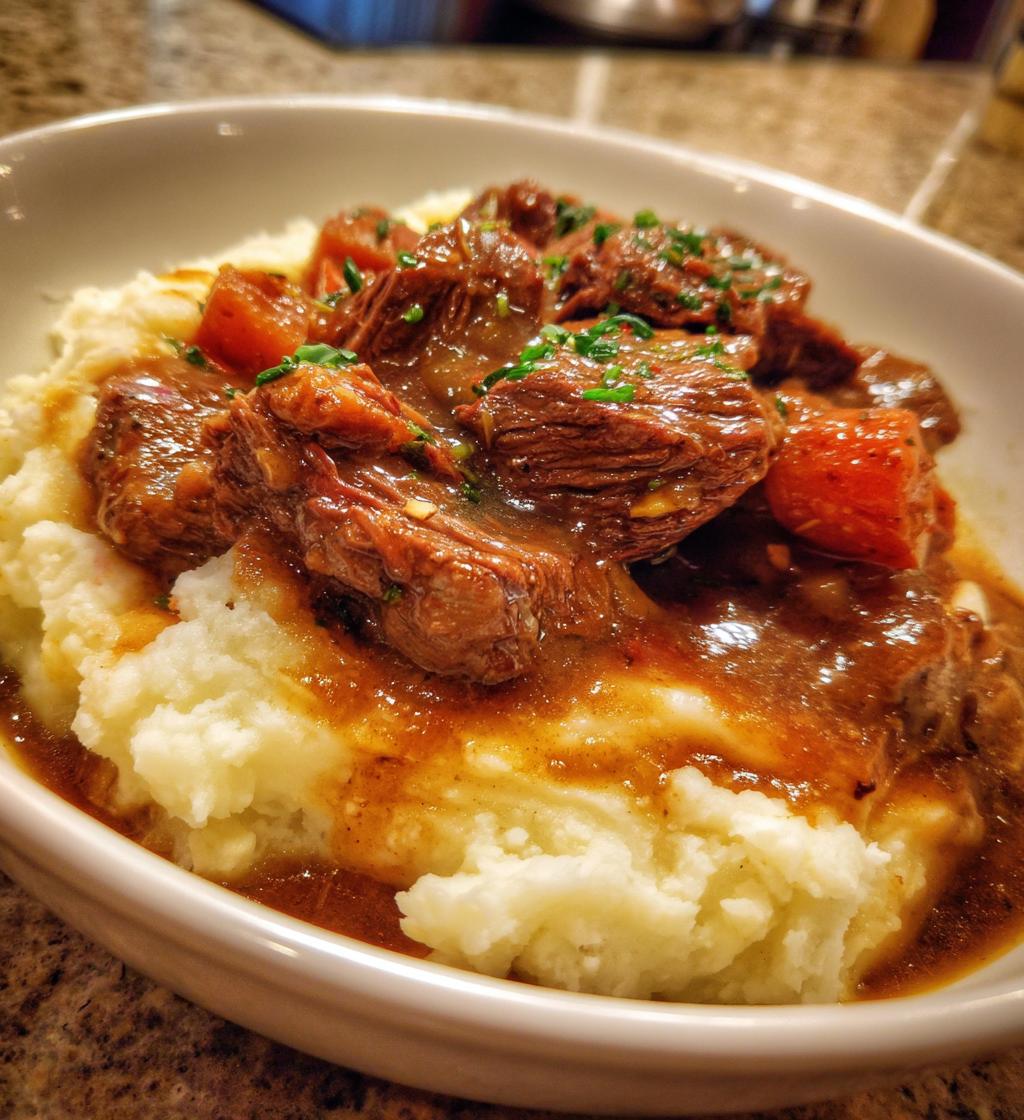 savory beef and gravy with fluffy mashed potato pillows - detail 1
