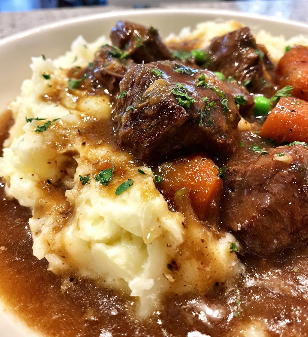 savory beef and gravy with fluffy mashed potato pillows
