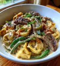 savory cheesesteak tortellini in creamy provolone sauce