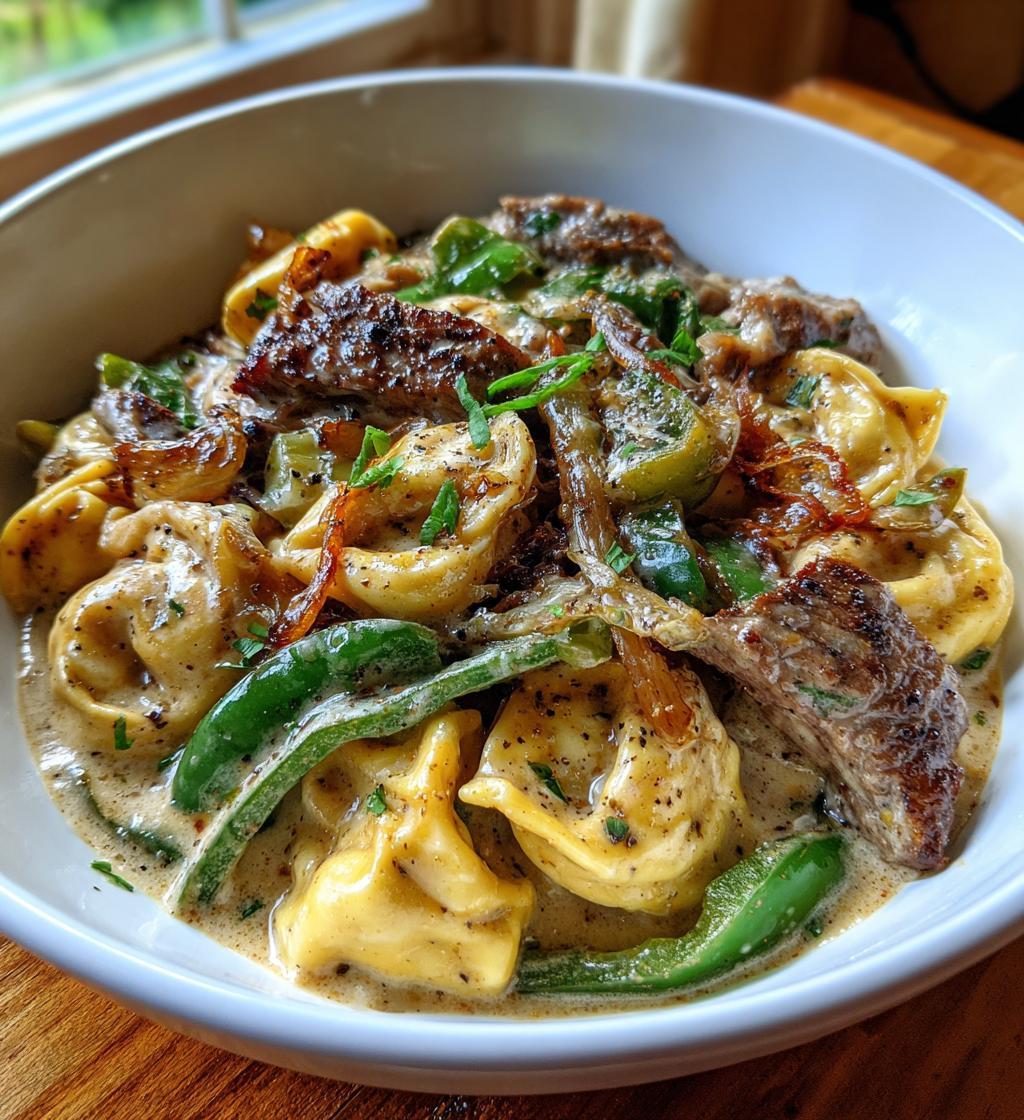 savory cheesesteak tortellini in creamy provolone sauce