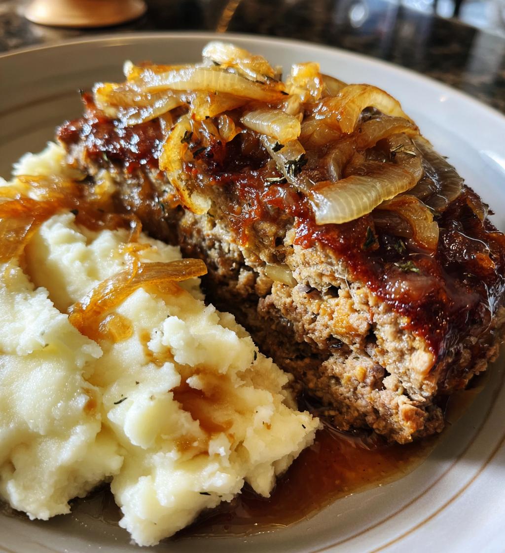 savory french onion meatloaf with truffle mashed potatoes - detail 1