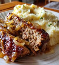 savory french onion meatloaf with truffle mashed potatoes