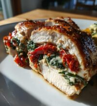 savory stuffed chicken with roasted red peppers spinach and mozzarella