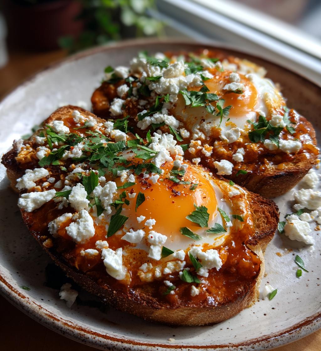 shakshouka toast with feta fried eggs - detail 1
