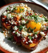 shakshouka toast with feta fried eggs