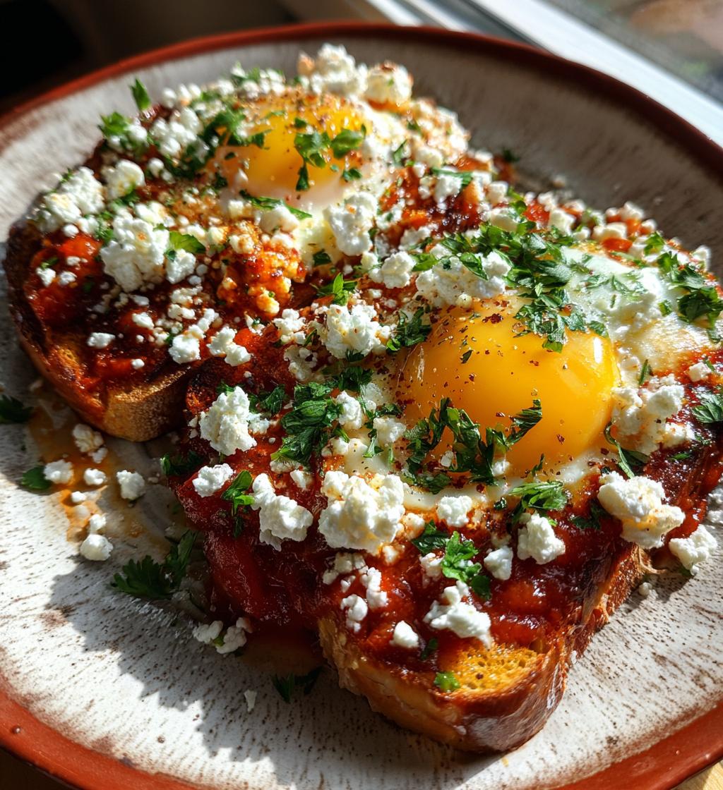 shakshouka toast with feta fried eggs
