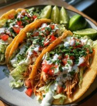 shredded chicken tacos with creamy chimichurri sauce