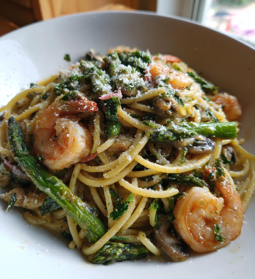 shrimp asparagus mushroom pasta - detail 1
