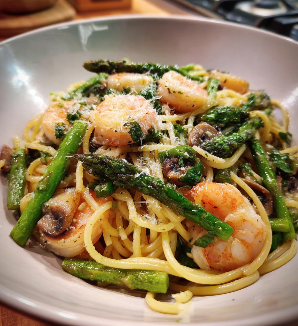 shrimp asparagus mushroom pasta