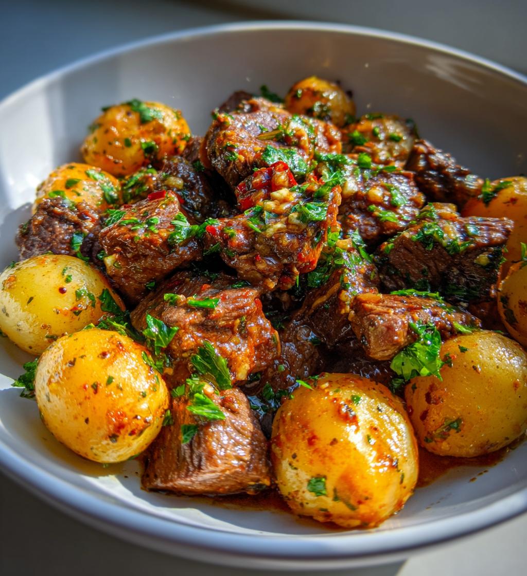 slow cooker garlic butter beef bites potatoes