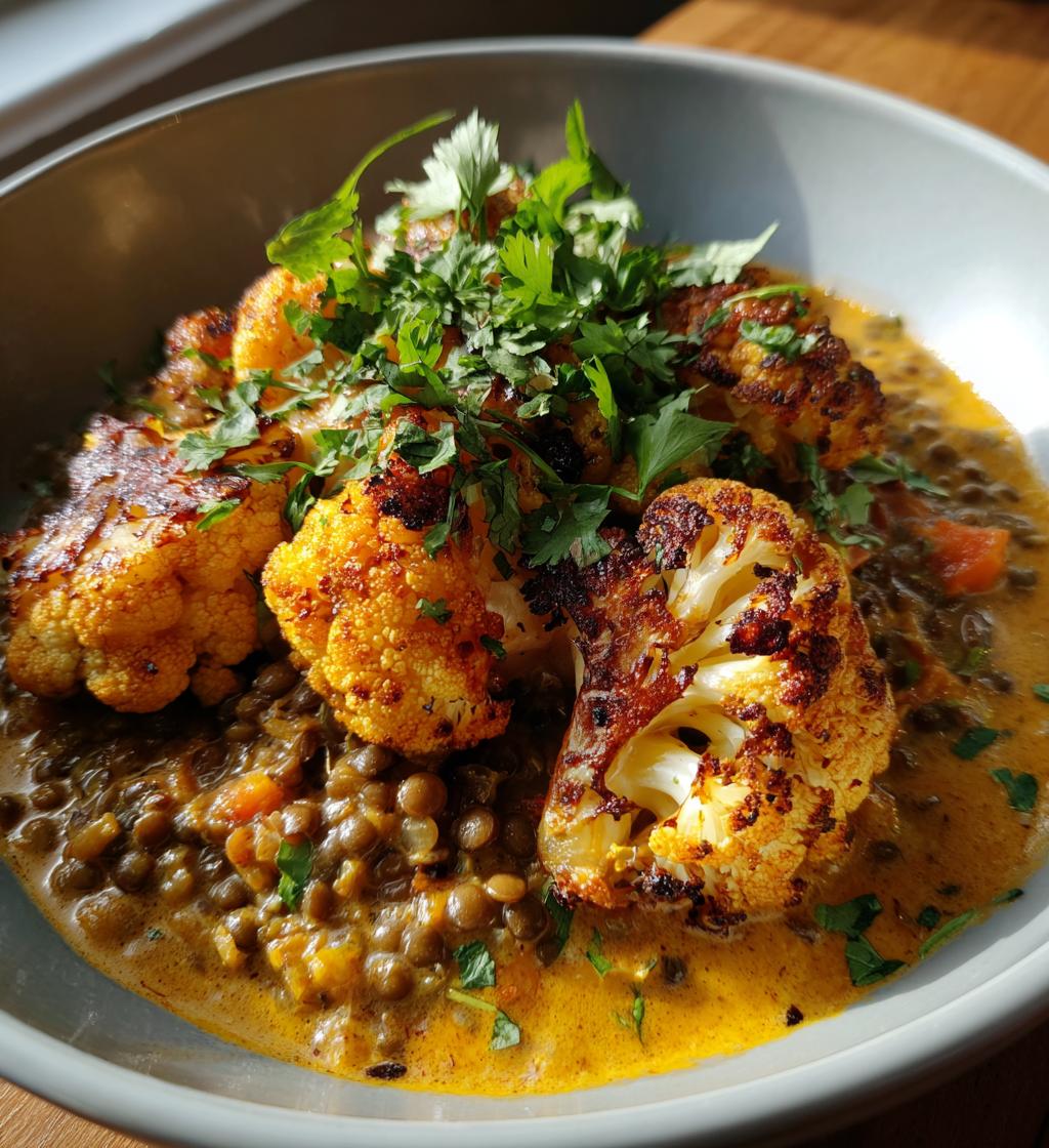 spice roasted cauliflower in coconut tomato sauce with lentils - detail 1