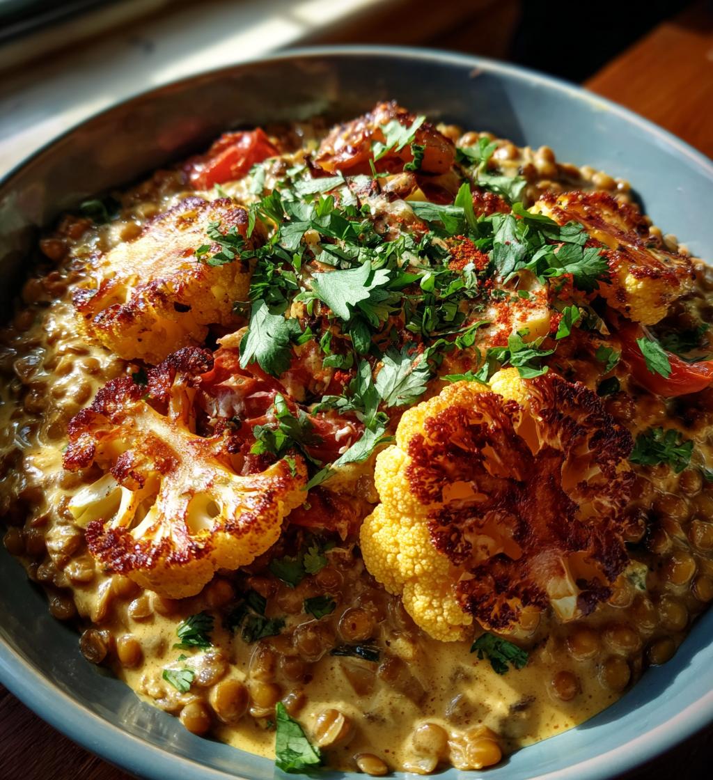 spice roasted cauliflower in coconut tomato sauce with lentils