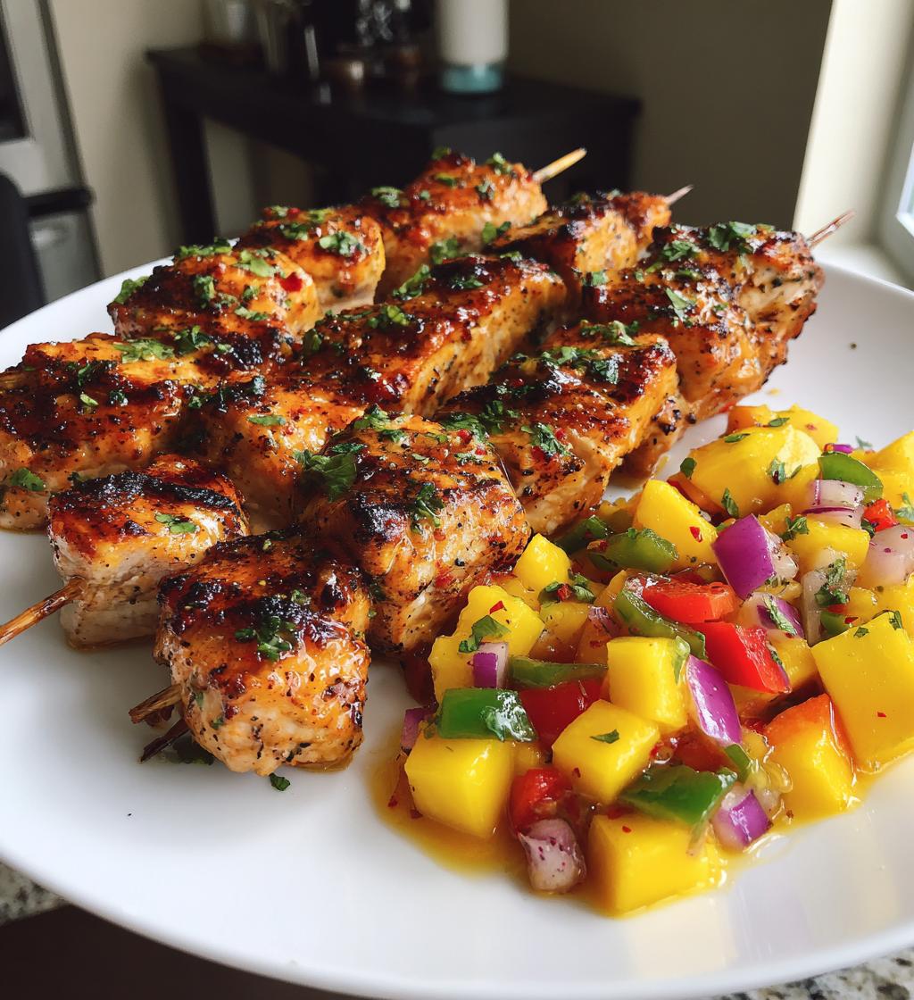 spicy honey garlic chicken skewers with mango salsa - detail 1